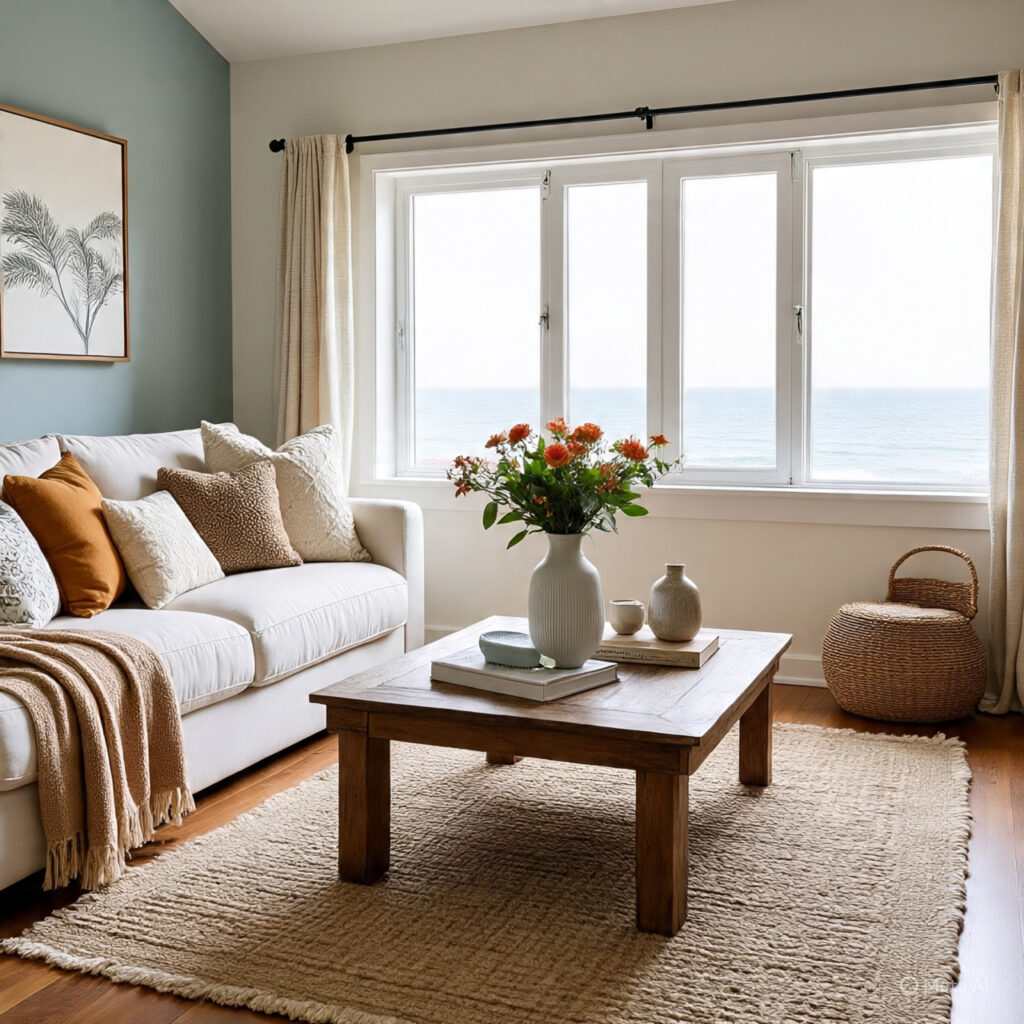 Coastal farmhouse living room with neutral tones, wood accents, and airy coastal vibe